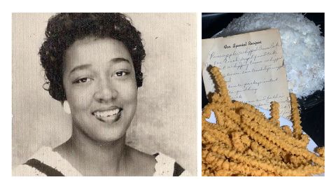 Left: Toni Robinson's mother Delia King. Right: King's original snowball cake recipe sits between cheese straws and a snowball cake. (Courtesy Toni Robinson)