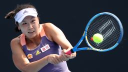 MELBOURNE, AUSTRALIA - JANUARY 21:  Shuai Peng of China plays a backhand during her Women's Singles first round match against Nao Hibino of Japan on day two of the 2020 Australian Open at Melbourne Park on January 21, 2020 in Melbourne, Australia. (Photo by Mark Kolbe/Getty Images)