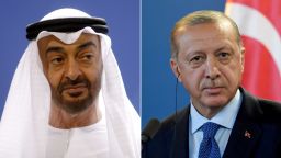 Portraits of Mohammed bin Zayed (left) and Recep Tayyip Erdogan (right)