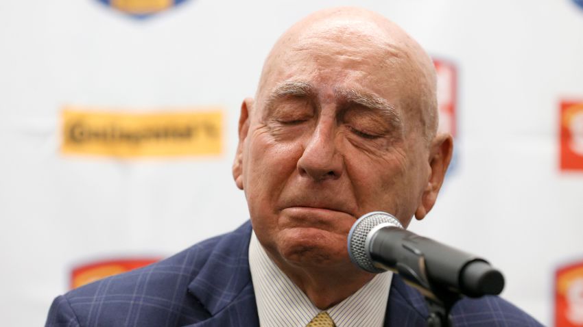 LAS VEGAS, NEVADA - NOVEMBER 23:  ESPN college basketball analyst Dick Vitale becomes emotional as he speaks during a news conference before a game between the No. 1 Gonzaga Bulldogs and the No. 2 UCLA Bruins at T-Mobile Arena on November 23, 2021 in Las Vegas, Nevada. Vitale, who is undergoing chemotherapy for cancer, got clearance from his doctor to start his 43rd season at ESPN by calling the game alongside Dave O'Brien.  (Photo by Ethan Miller/Getty Images)