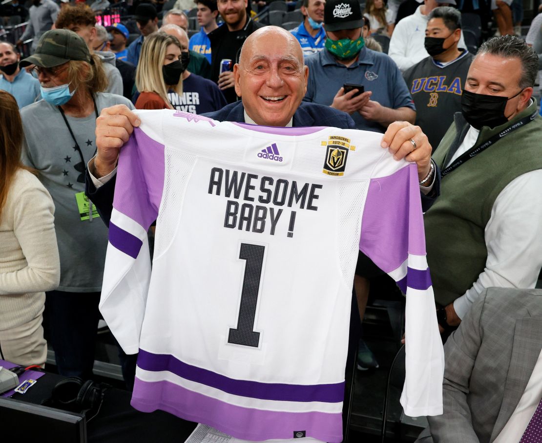 Vitale displays a Vegas Golden Knights jersey he was given with his catchphrase "Awesome, baby!" as he calls the game between Gonzaga and UCLA at T-Mobile Arena in Las Vegas.