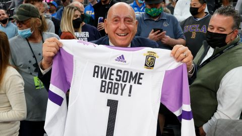 Vitale displays a Vegas Golden Knights jersey he was given with his catchphrase "Awesome, baby!" as he calls the game between Gonzaga and UCLA at T-Mobile Arena in Las Vegas.