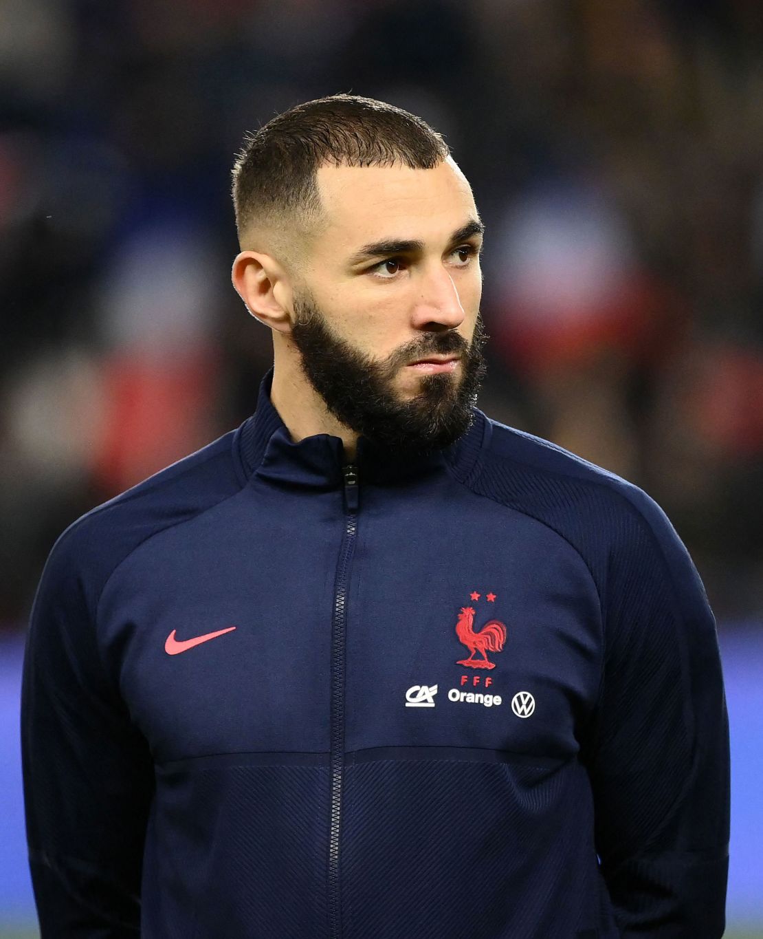 France's forward Karim Benzema poses before the FIFA World Cup 2022 qualification football match between France and Kazakhstan at the Parc des Princes stadium in Paris, on November 13, 2021.