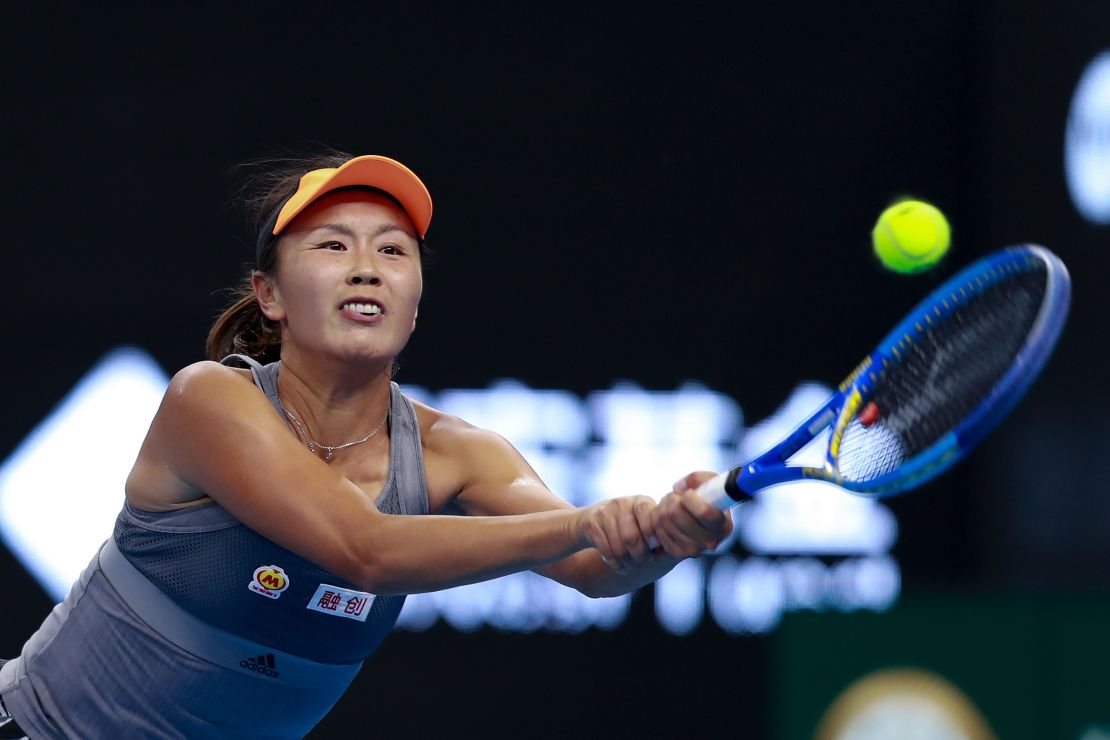 Peng Shuai of China returns a shot against Daria Kasatkina of Russia during the women's singles first round match of the 2019 China Open at the China National Tennis Center on September 28, 2019 in Beijing, China.