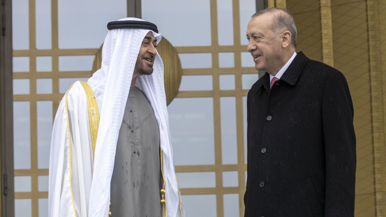 Turkish President Recep Tayyip Erdogan welcomes Abu Dhabi Crown Prince Sheikh Mohammed bin Zayed al-Nahyan with an official ceremony at the Presidential Complex in Ankara, Turkey on November 24, 2021. 