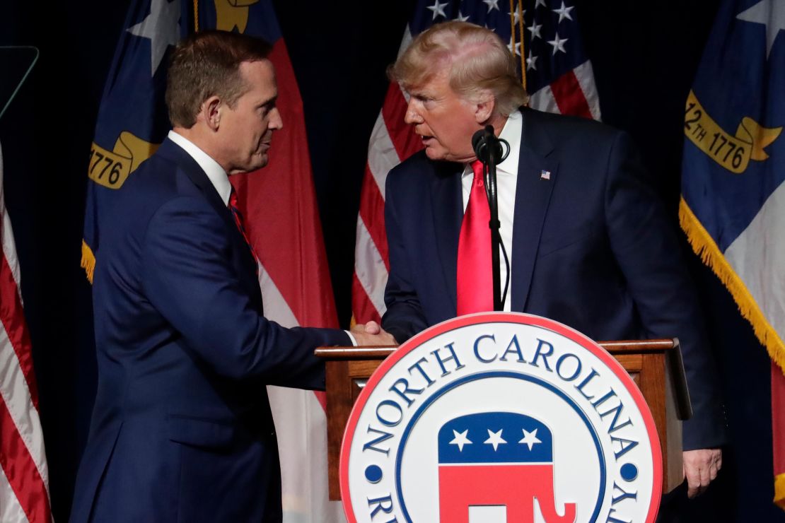 Trump announces his endorsement of North Carolina Rep. Ted Budd, left, for the 2022 North Carolina U.S. Senate seat as he speaks at the North Carolina Republican Convention in Greenville, North Carolina in June 2021. 