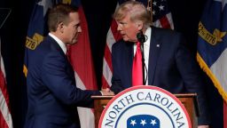 In this June 5, 2021, file photo, former President Donald Trump, right, announces his endorsement of North Carolina Rep. Ted Budd, left, for the 2022 North Carolina U.S. Senate seat as he speaks at the North Carolina Republican Convention in Greenville, N.C. Former North Carolina Supreme Court Chief Justice Cheri Beasley was the top overall fundraiser in her bid to fill an open U.S. Senate seat in 2022. Budd got Trump's endorsement last month but has not gotten as much financial boost from it as some may have expected.