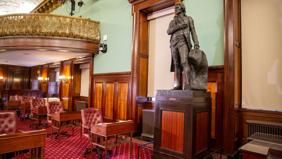 The statue of Thomas Jefferson holding the Declaration of Independence that stood in New York's City Hall Council Chamber is seen in an undated photo.