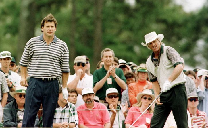 Nick Faldo of England (left) and Greg Norman of Australia (right) were at the top of golf during a competitive time for the sport. In the 1980s and 1990s, the pair competed for major titles -- winning eight between them -- going against Ballesteros and Bernhard Langer. However, their relationship will be most remember for Faldo's dramatic victory at the 1996 Masters where he overcame a six-shot deficit to capitalize on Norman's final round collapse to win.