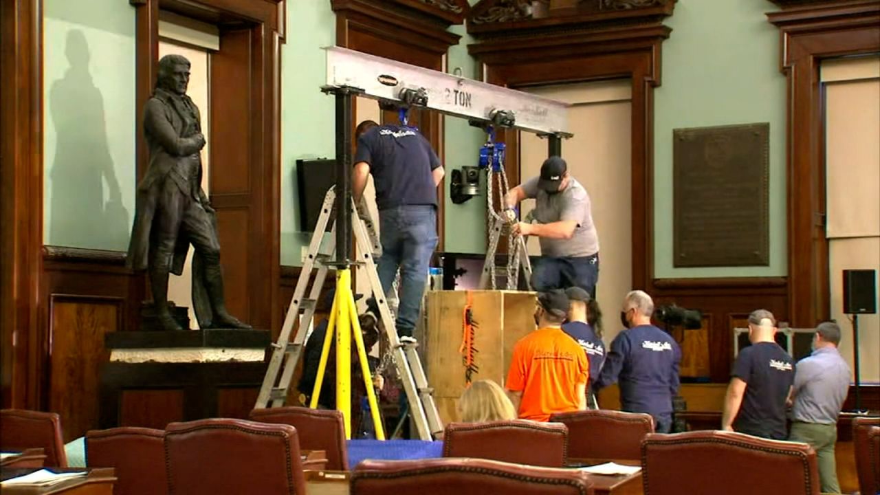 A Thomas Jefferson statue is removed from New York City Hall after 187