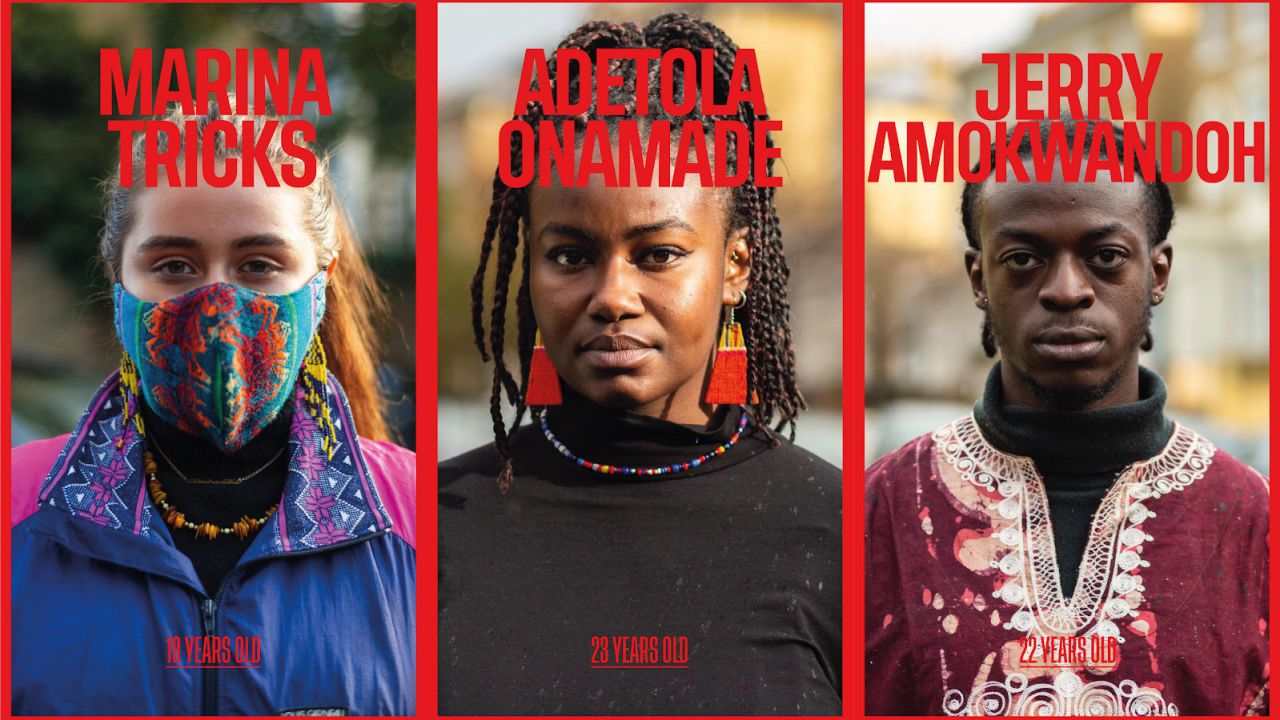 A campaign poster showing climate activists, from left, Marina Tricks, Adetola Stephanie Onamade and Jerry Amokwandoh, who are trying to sue the UK government.