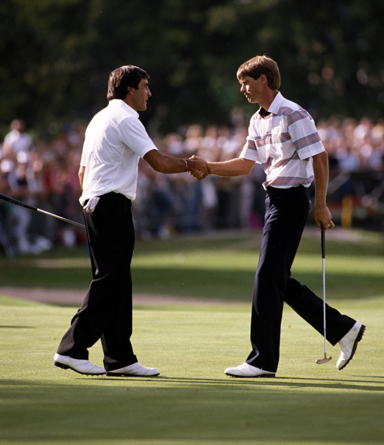 The rivalry between Paul Azinger and Seve Ballesteros was primarily played out at  Ryder Cup. At the 1989 Ryder Cup, Azinger refused to let Ballesteros switch out a scuffed ball in their singles match. On the 18th hole of that match, Ballesteros then disputed a drop Azinger took out of the water. In 1991, when the two were put together in the opening match, the pair clashed along with their teammates after the Americans had apparently used two different balls illegally. "The Americans were 11 nice guys -- and Paul Azinger," Ballesteros memorably later said.