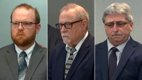 Travis McMichael, left, Gregory McMichael, center, and William "Roddie" Bryan are scheduled to be sentenced at Glynn County Courthouse in Brunswick, Georgia, on January 7.