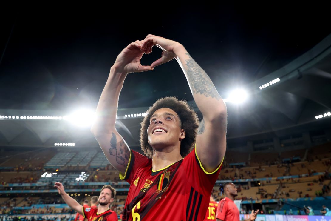 Witsel gestures to the stands after Belgium's victory against Portugal at Euro 2020. 