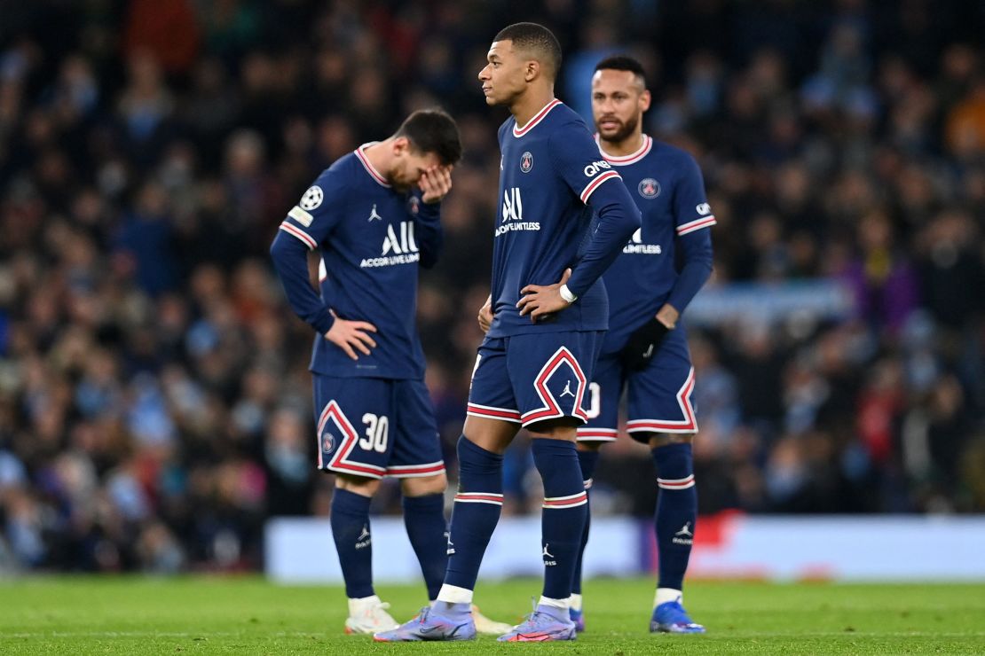 PSG's fearsome trio ... Lionel Messi (L), Kylian Mbappé (C) and  Neymar (R) react after City equalize during a recent UEFA Champions League game.
