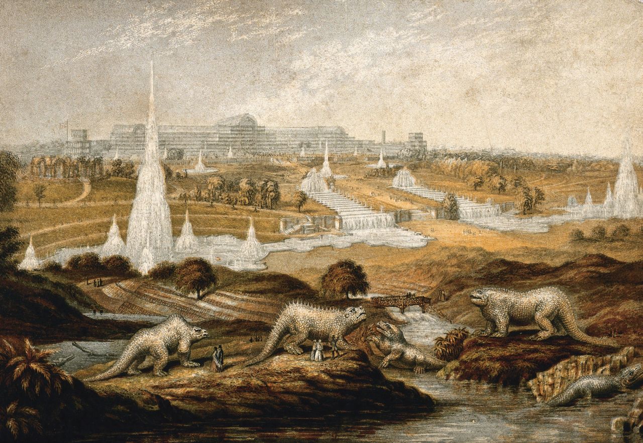 View of the Crystal Palace exhibition with Richard Owen's fantastical dinosaur reconstructions in the foreground, by the London printer George Baxter.