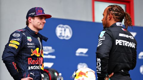  Verstappen and Hamilton chat ahead of the Italian Grand Prix in April.