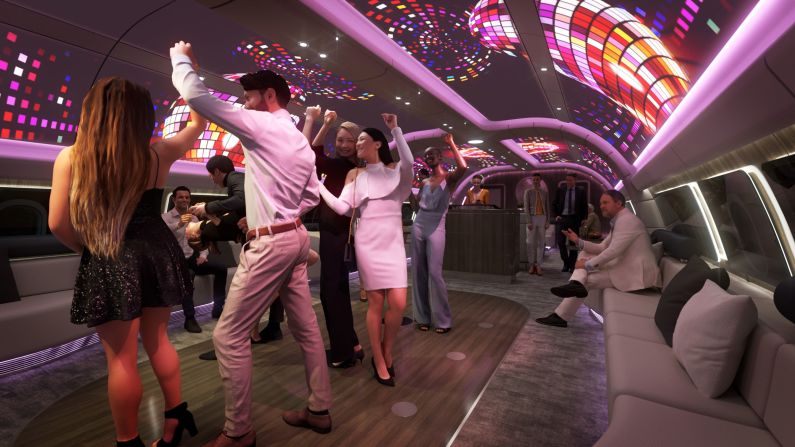 If the passengers fancy more of a party vibe, the dining table and chairs can be removed to make way for a dance floor and images of disco lights will be played overhead. Lufthansa Technik unveiled the full cabin concept in November at the Dubai Airshow 2021, after <a href="index.php?page=&url=https%3A%2F%2Fwww.cnn.com%2Ftravel%2Farticle%2Fairplane-concept-underwater-cabin%2Findex.html" target="_blank">revealing a taster</a> during the Monaco Yacht Show in September. 
