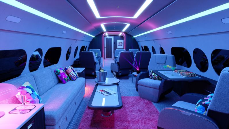 During the Airshow, Dubai-based real estate group FIVE, which runs a chain of luxury hotels in the city, announced it would be bringing its hospitality to new heights with a private jet designed to ferry guests around the world. The plane will be kitted out for parties with disco lights, as shown in this rendering, and there will be an option to bring a DJ on board. 