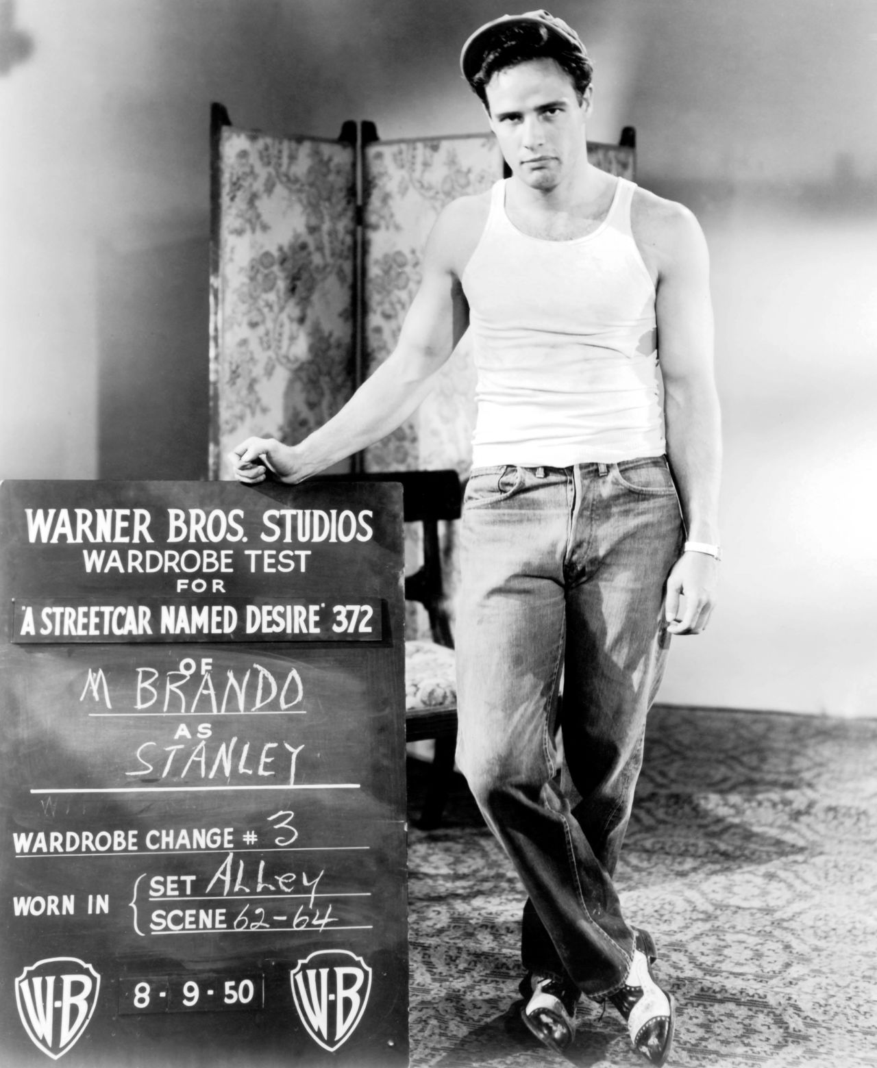 Marlon Brando wearing a white tank top in "A Streetcar Named Desire" in 1951.