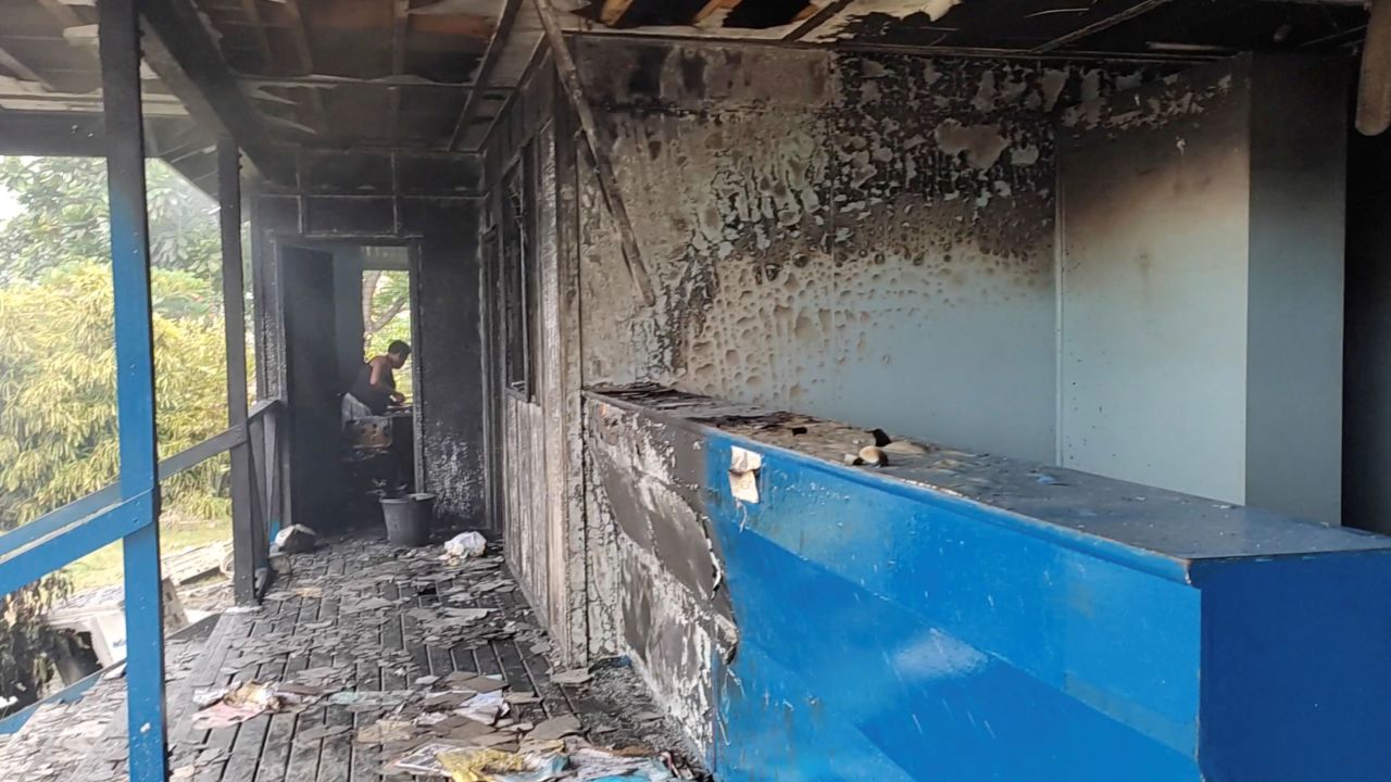 A general view of a burnt police station, after it was damaged during protests against the government in Honiara, Solomon Islands, November 24.