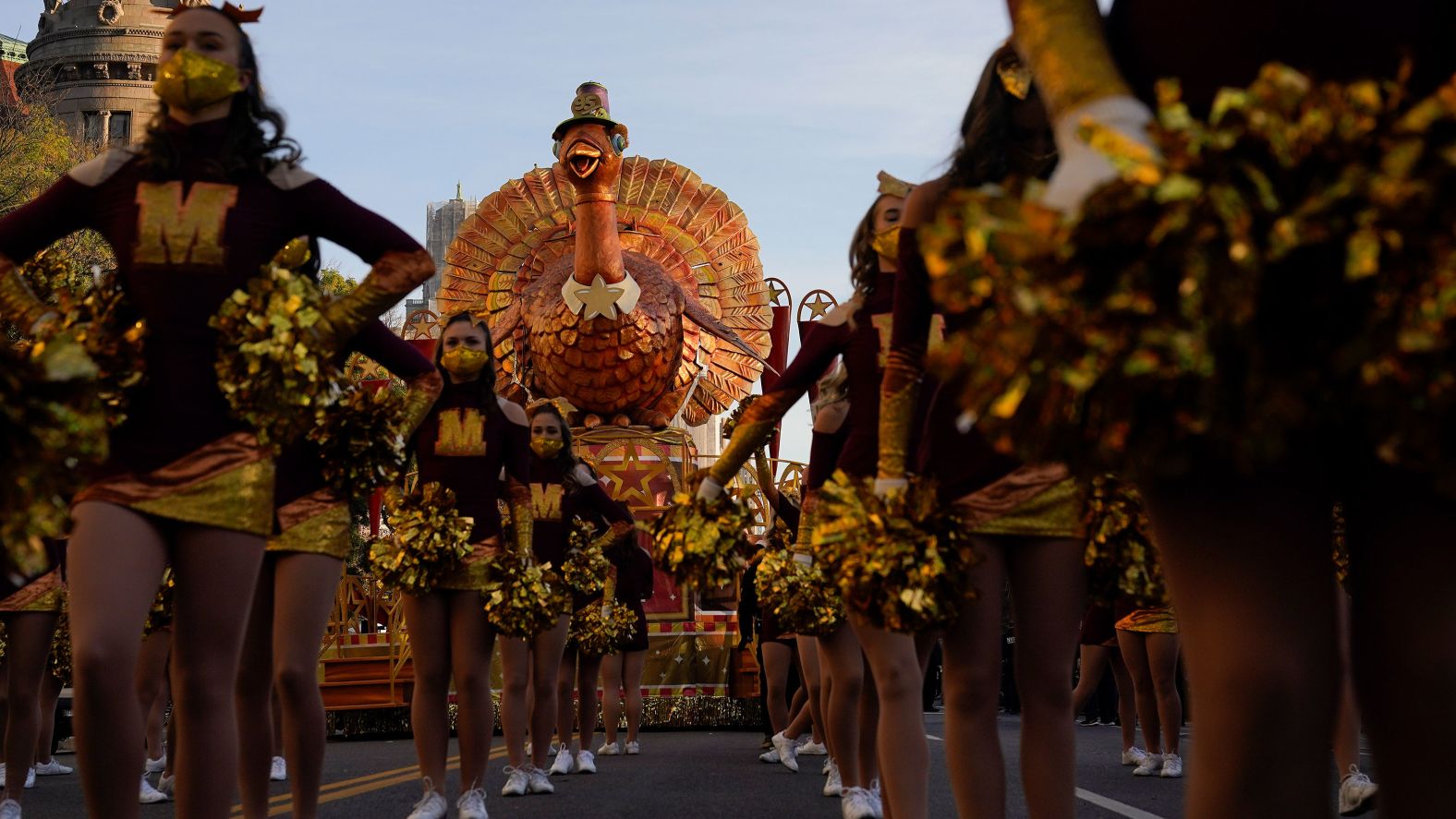 The Tom Turkey float waits along New York's Central Park West before the start of the parade.
