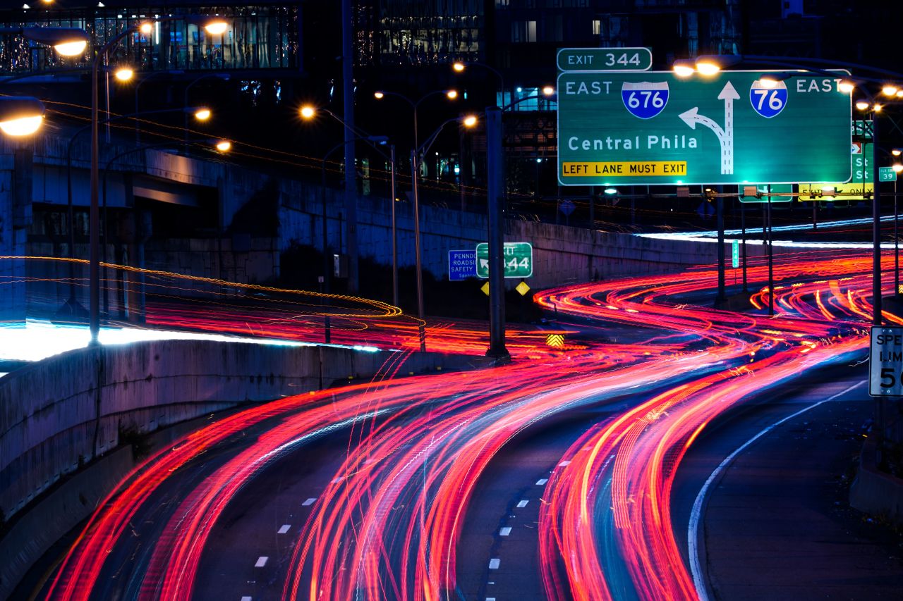 In this long-exposure image, taken on November 24, travelers move along Interstate 76 in Philadelphia.