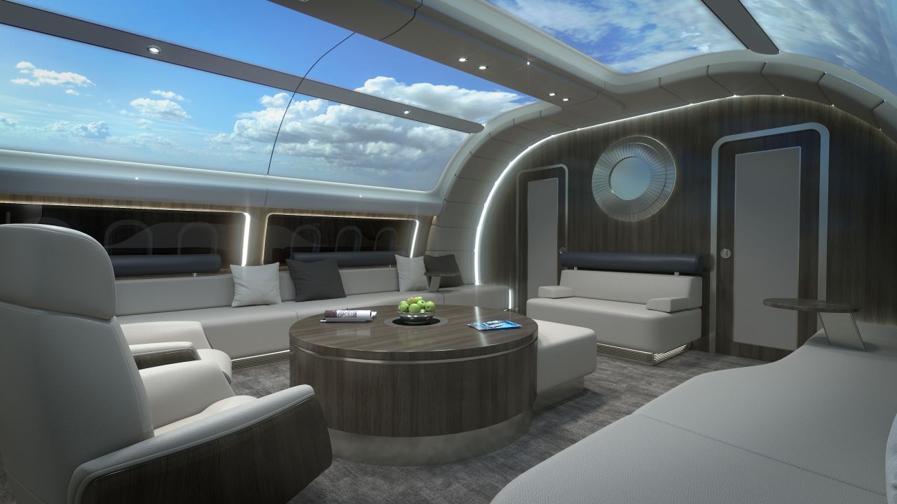 Using the latest projection technology, the cabin's ceilng can light up with virtual content at a guest's request, for instance mimicking the sky outside.