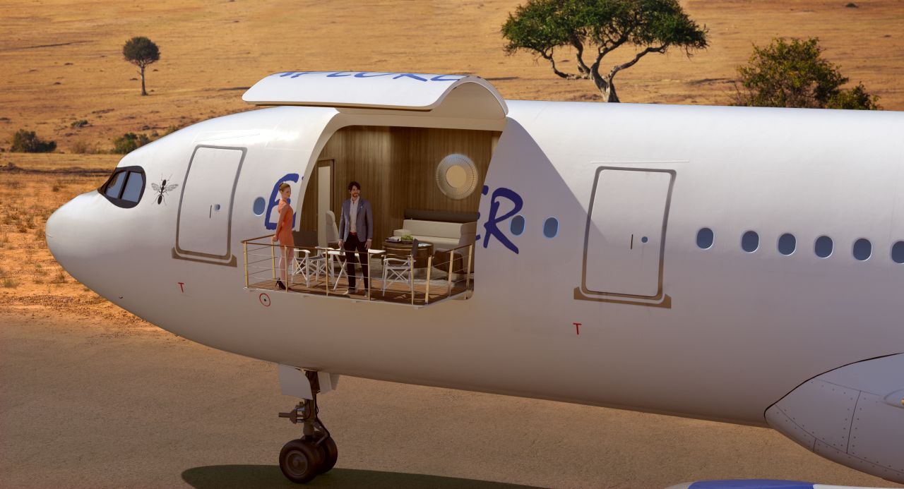 The "Explorer" concept includes a large cargo door that opens to reveal a superyacht-inspired sundeck after landing.