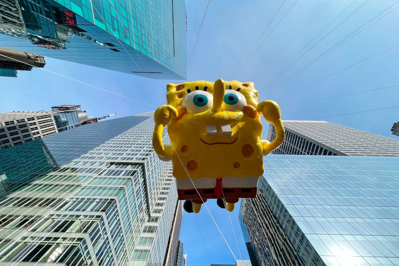 The SpongeBob SquarePants balloon floats along Sixth Avenue in New York.