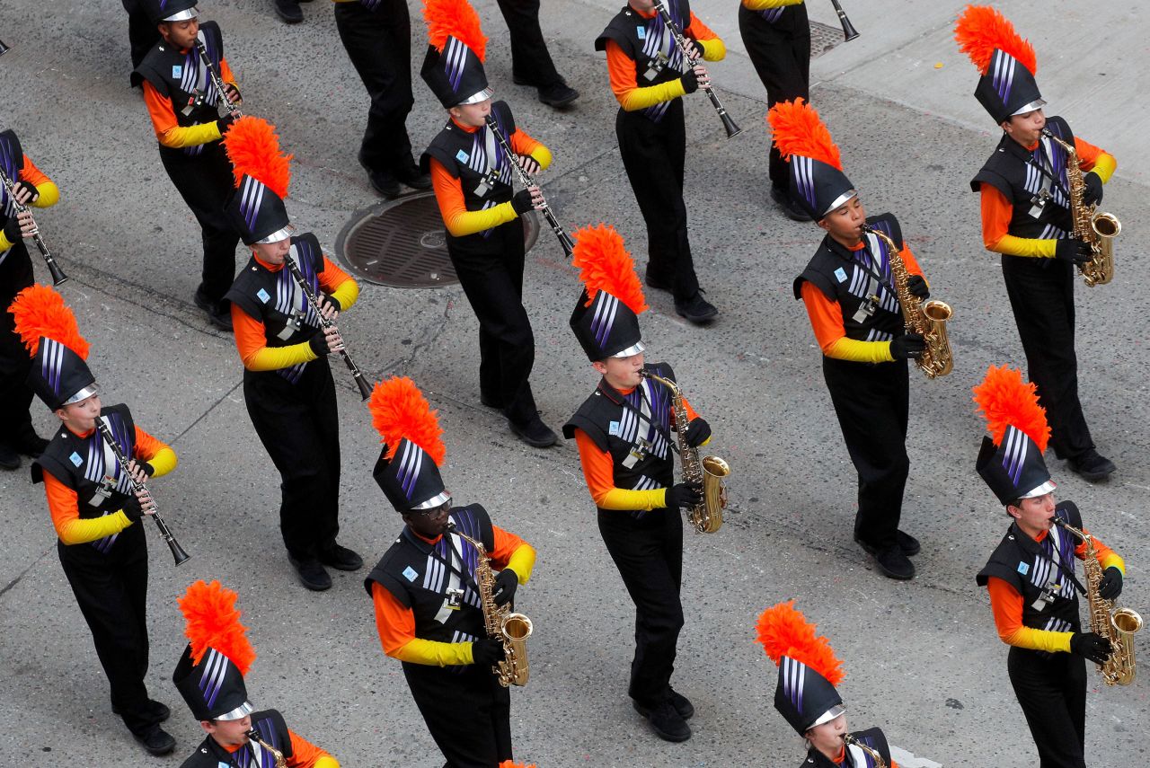 A marching band performs during the parade.