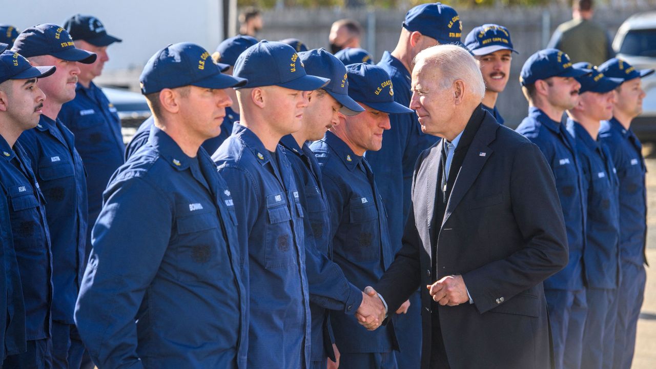 President Joe Biden greets members of the Coast Guard at US Coast Guard Station Brant Point in Nantucket, Massachusetts, on Thursday, November 25, 2021.