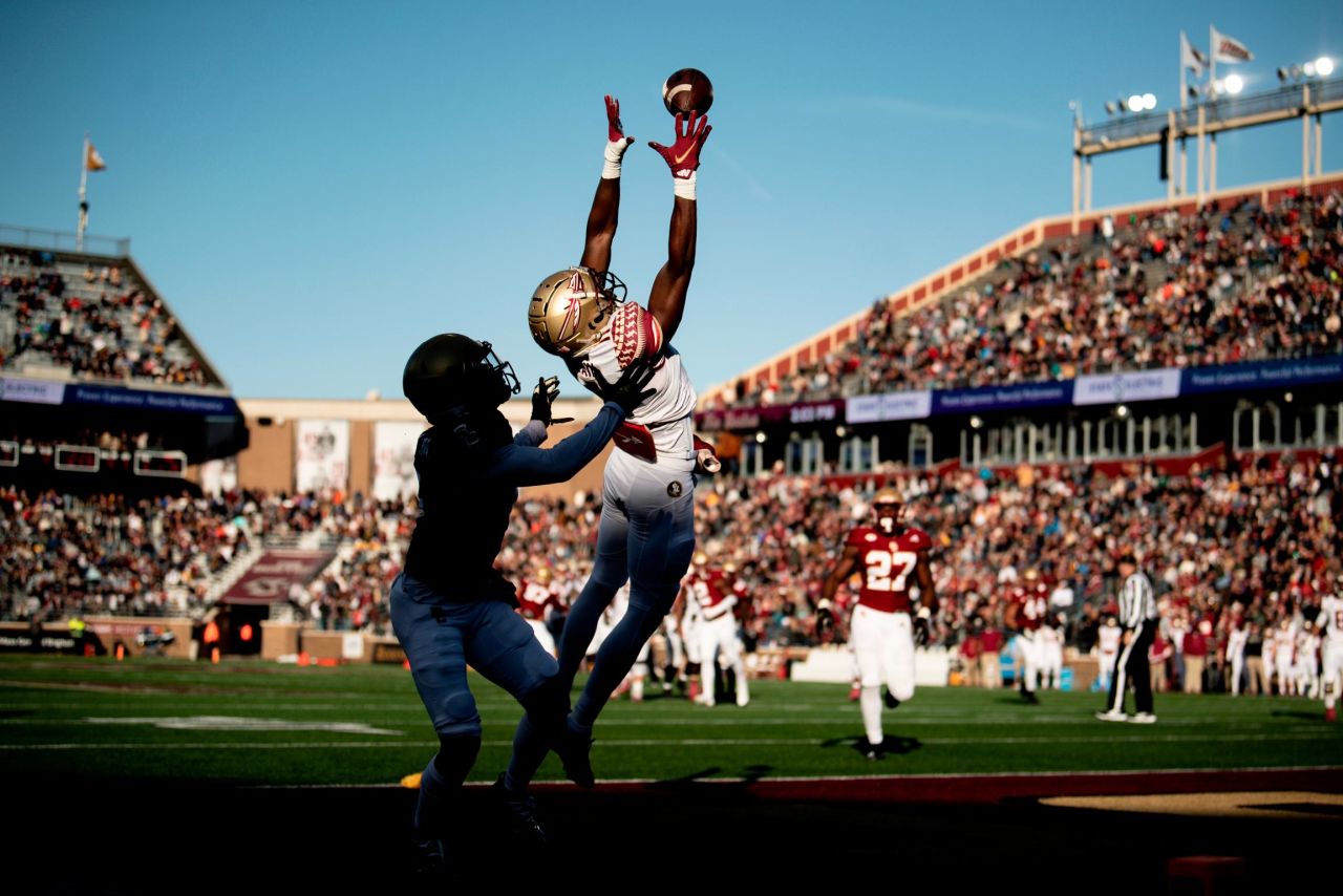 Florida State's Malik McClain catches a touchdown pass during a game at Boston College on Saturday, November 20. Florida State won 26-23.
