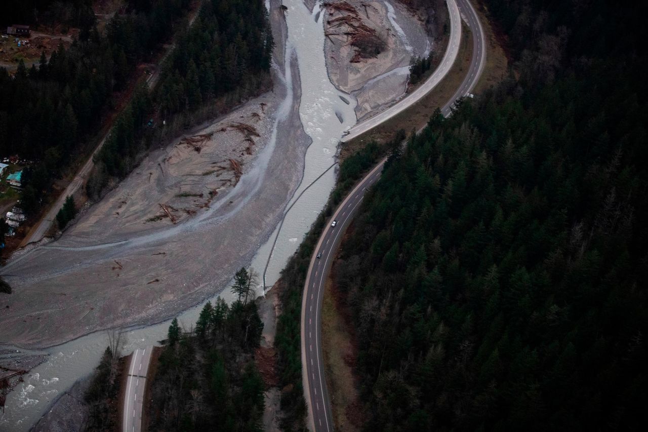 This aerial photo, taken on Monday, November 22, shows a section of the Coquihalla Highway that was washed away by <a href="https://www.cnn.com/2021/11/15/weather/pacific-northwest-flooding-wxn/index.html" target="_blank">severe flooding</a> north of Hope, British Columbia.