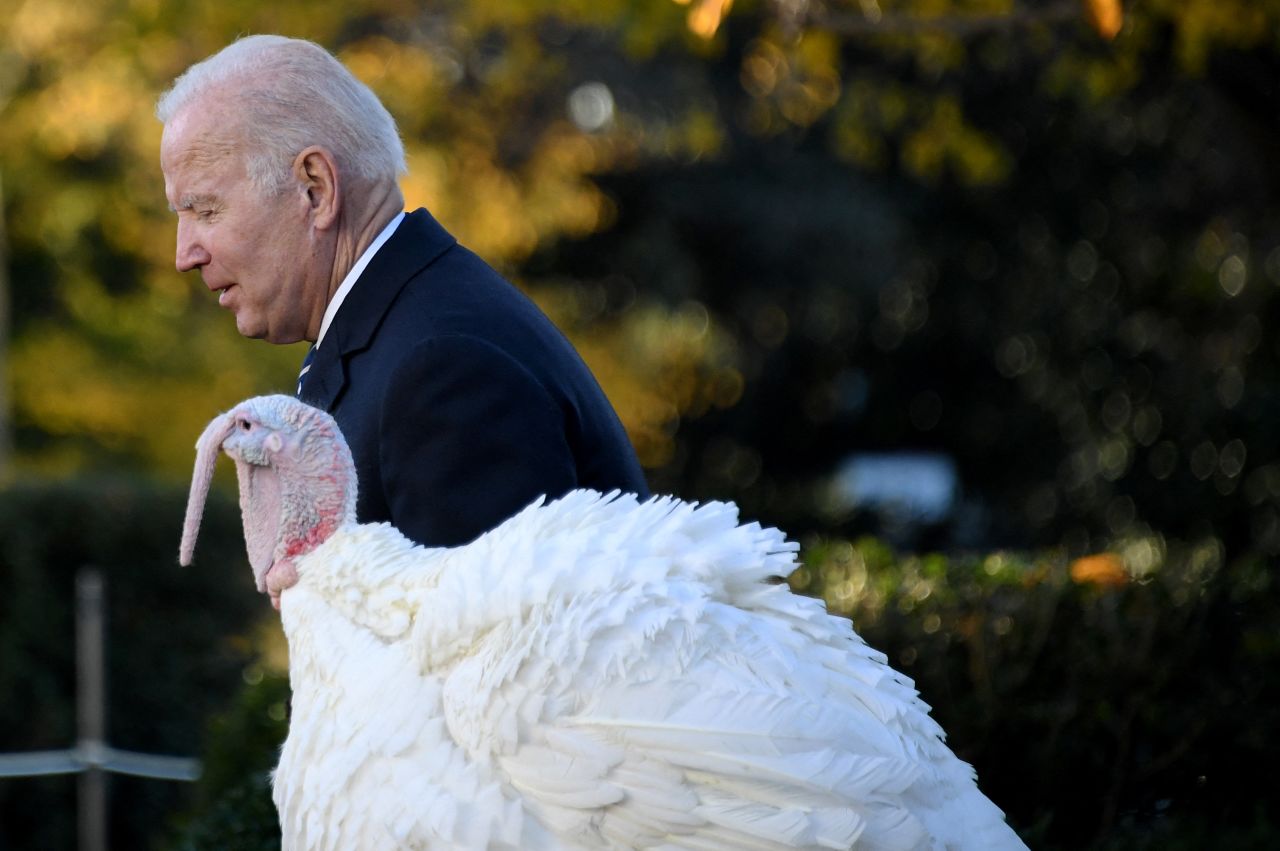US President Joe Biden pardons a turkey named Peanut Butter during <a href="https://www.cnn.com/2021/11/19/politics/turkey-pardon/index.html" target="_blank">the annual White House turkey pardon</a> on Friday, November 19. Biden also pardoned a turkey named Jelly.