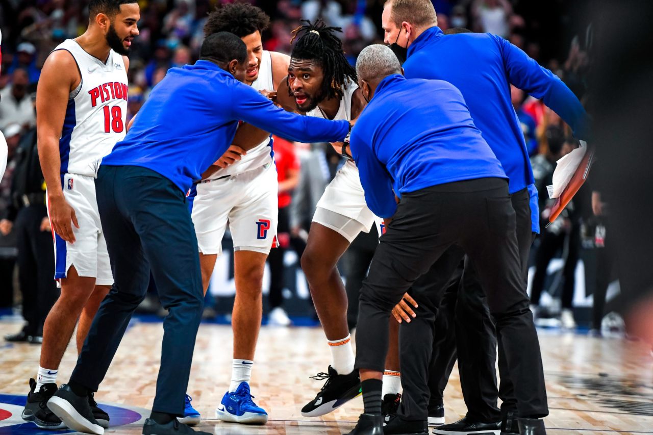Detroit's Isaiah Stewart is restrained by teammates after he was elbowed in the face by LeBron James during an NBA game on Sunday, November 21. Both players were ejected after <a href="https://www.cnn.com/2021/11/22/sport/lebron-james-ejected-isaiah-stewart-nba-spt/index.html" target="_blank">the altercation.</a> Stewart was later suspended two games without pay for "escalating" the confrontation and "repeatedly and aggressively" pursuing James. James, who said the elbow was accidental, was suspended for one game.