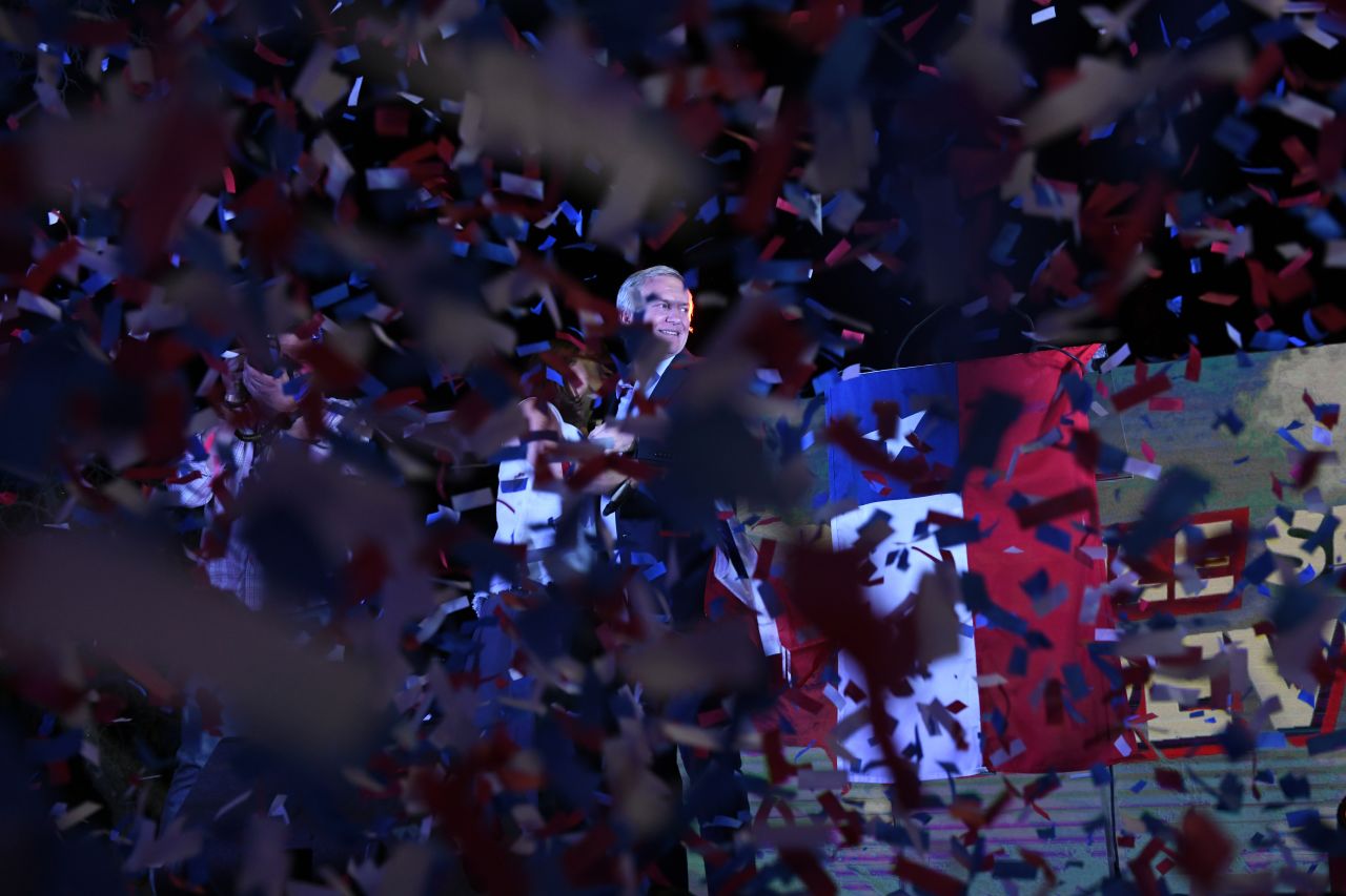 Confetti falls around presidential candidate Jose Antonio Kast during an election night rally in Santiago, Chile, on Sunday, November 21. Kast, a candidate of the hard right, will face leftist candidate Gabriel Boric in a <a href="https://www.cnn.com/2021/11/22/americas/chile-election-run-off-boric-kast-intl-latam/index.html" target="_blank">runoff election</a> next month.