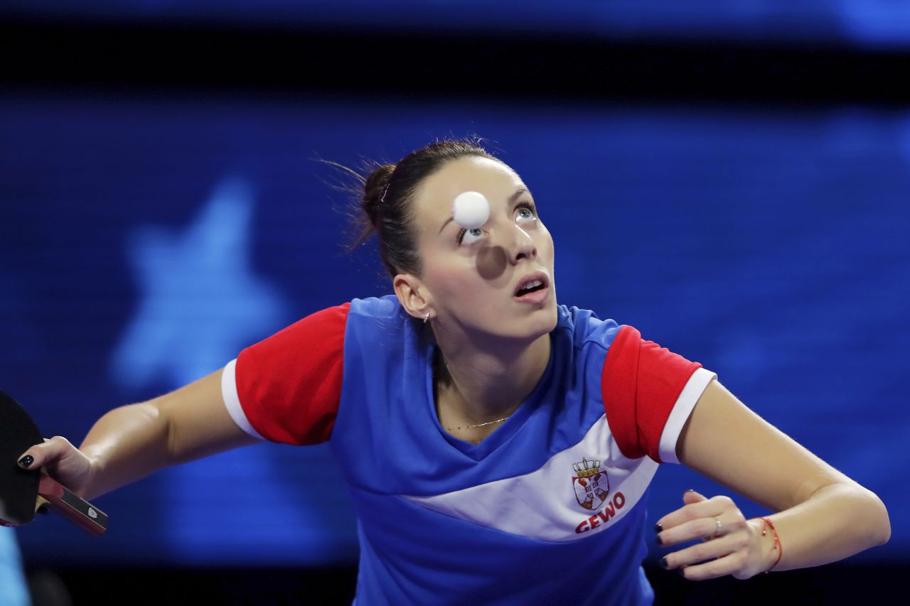 Serbia's Andrea Todorovic keeps her eye on the ball as she serves during a match at the World Table Tennis Championships on Wednesday, November 24.