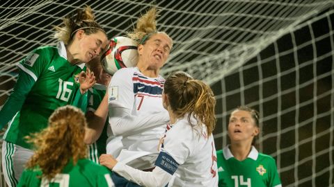 Freya Holdaway, top left, competes for a header during a match between Northern Ireland and Norway on April 10, 2018.