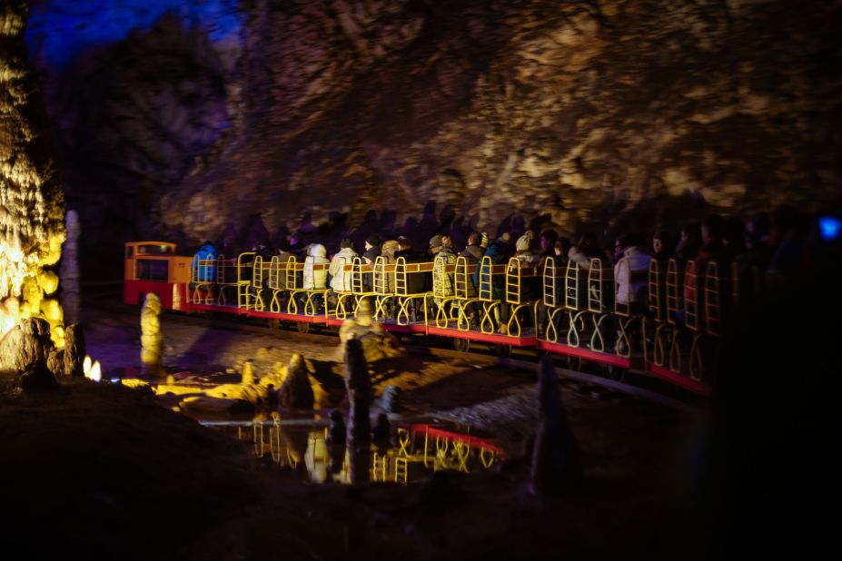 <strong>Natural landmark: </strong>Postojna Cave has a 24-kilometer network of subterranean chambers and tunnels and reaches a depth of 115 meters. An underground train covers two kilometers inside the caves.