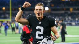 ARLINGTON, TEXAS - NOVEMBER 25: Daniel Carlson #2 of the Las Vegas Raiders celebrates after victory in the NFL game between Las Vegas Raiders and Dallas Cowboys at AT&T Stadium on November 25, 2021 in Arlington, Texas. (Photo by Richard Rodriguez/Getty Images)
