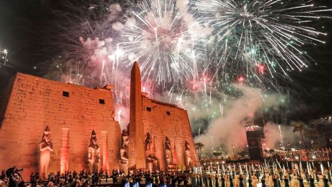 Fireworks light the sky during the official ceremony opening at the entrance of the Temple of Luxor (built around 1400 BC).
