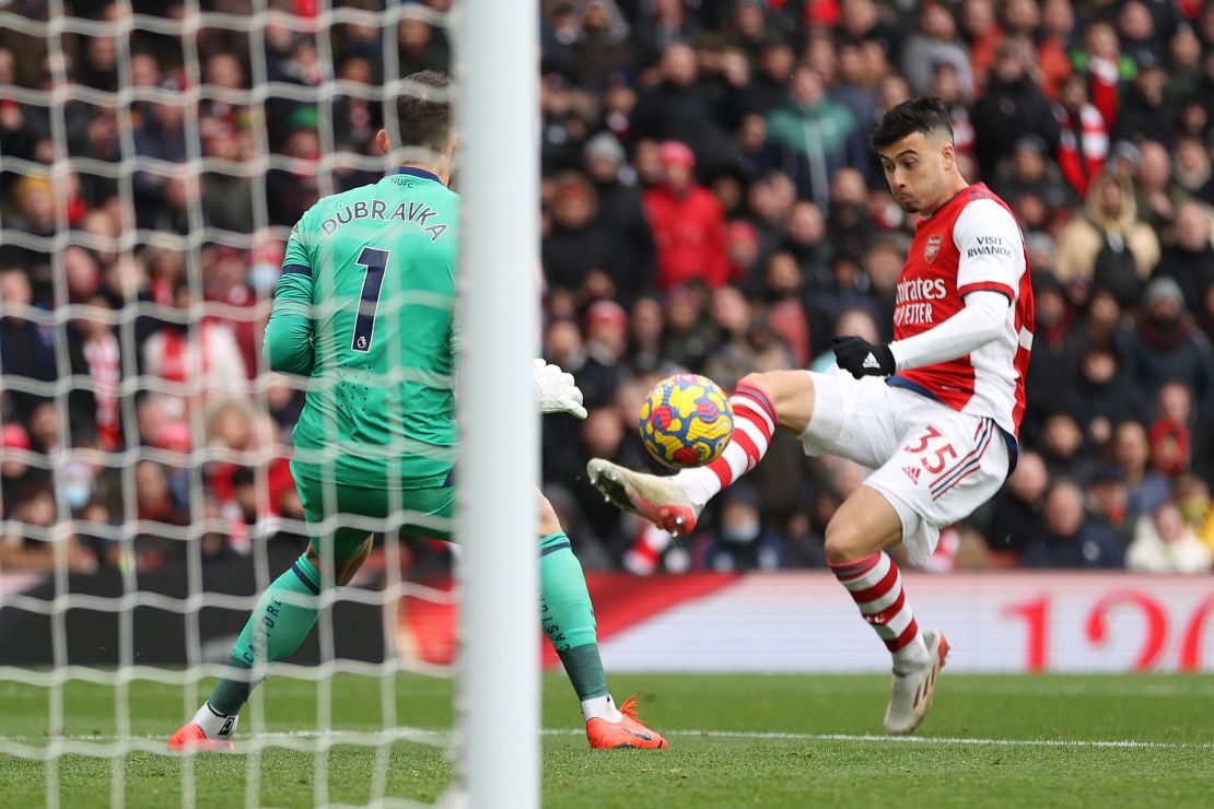 Gabriel Martinelli scores Arsenal's second goal during the Premier League match against Newcastle United at the Emirates Stadium.
