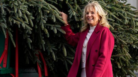 First lady Jill Biden receives the official 2021 White House Christmas tree at the White House on Nov. 22, 2021, in Washington, DC.