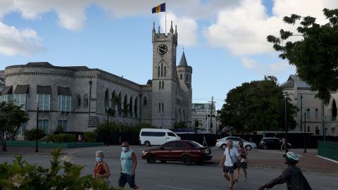 The Barbados flag flies above the parliament buildings on November 16 in Bridgetown, Barbados. 