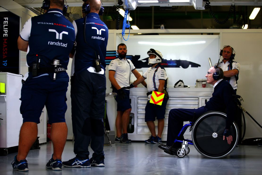 Frank Williams looks on in the garage during practice for the Russia Grand Prix in 2015.