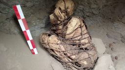A mummy, between 800 and 1,200 years old, found by researchers at the Cajamarquilla archeological complex near Lima, Peru.