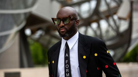 PARIS, FRANCE - JULY 05: Virgil Abloh is seen wearing tie and suit, white button shirt, sunglasses outside Louis Vuitton Parfum Hosts Dinner at Fondation Louis Vuitton on July 05, 2021 in Paris, France. (Photo by Christian Vierig/Getty Images)