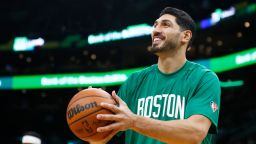 Enes Kanter #13 of the Boston Celtics reacts before the game against the Washington Wizards at TD Garden on October 27, 2021 in Boston, Massachusetts. 