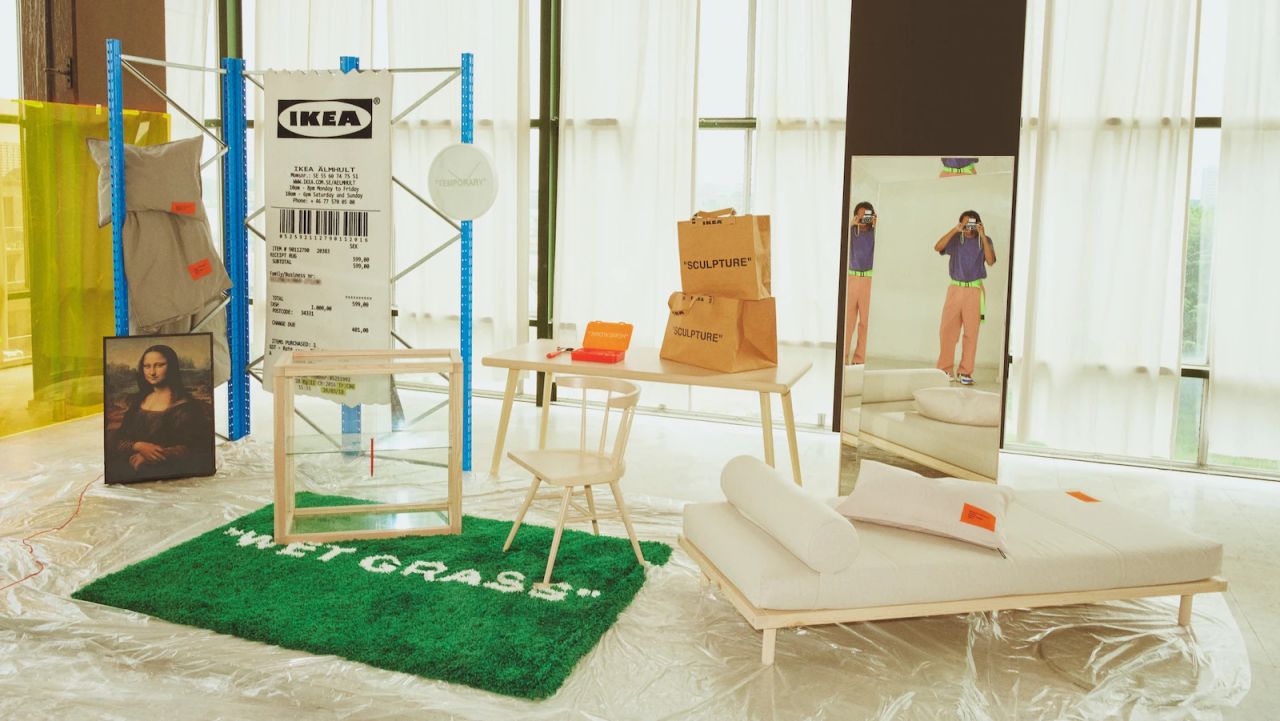 Fashion wasn't the only domain Abloh aimed to shake up, as his unexpected collaboration with Ikea saw his pieces sell out instantly. From a brown paper twist on the brand's blue bags to a grey rug printed with the words "Keep Off," he even blew up an Ikea receipt and transformed it into a carpet. 